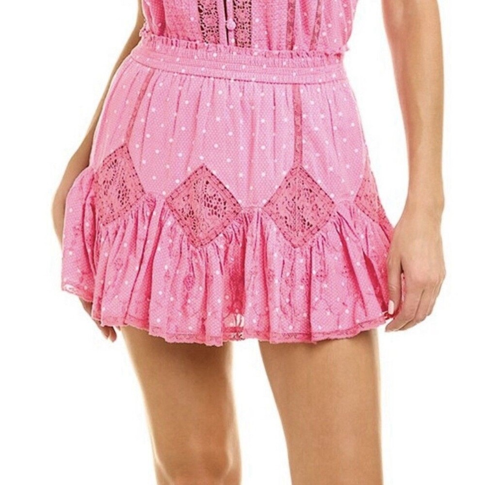 LoveShackFancy Adia Lace Crochet Polka Dot Mini Skirt Hot Pink Cherry Small $285